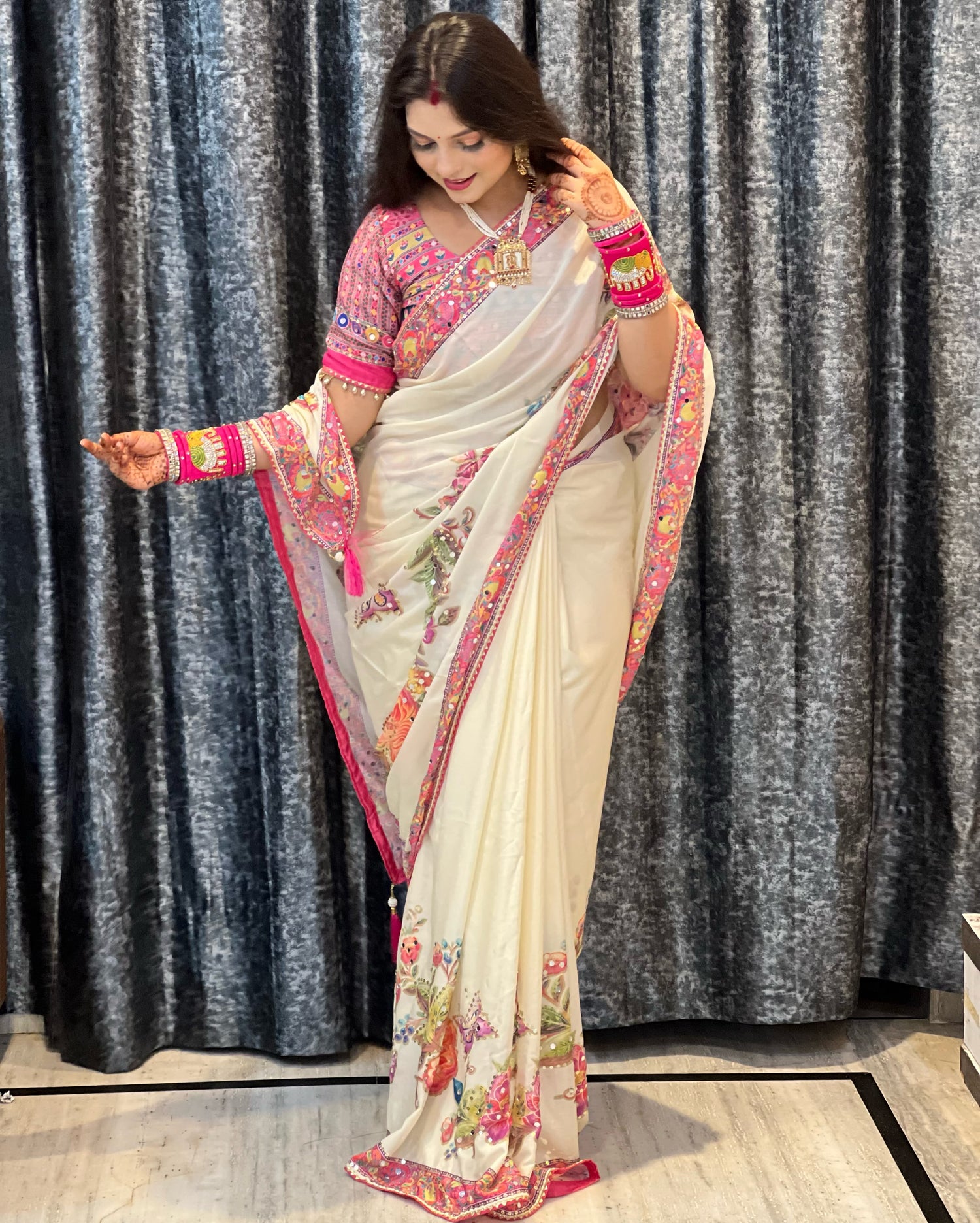 Premium Soft Chinnon Silk Saree with Butterfly Print & Mirror Work