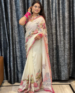 Premium Soft Chinnon Silk Saree with Butterfly Print & Mirror Work