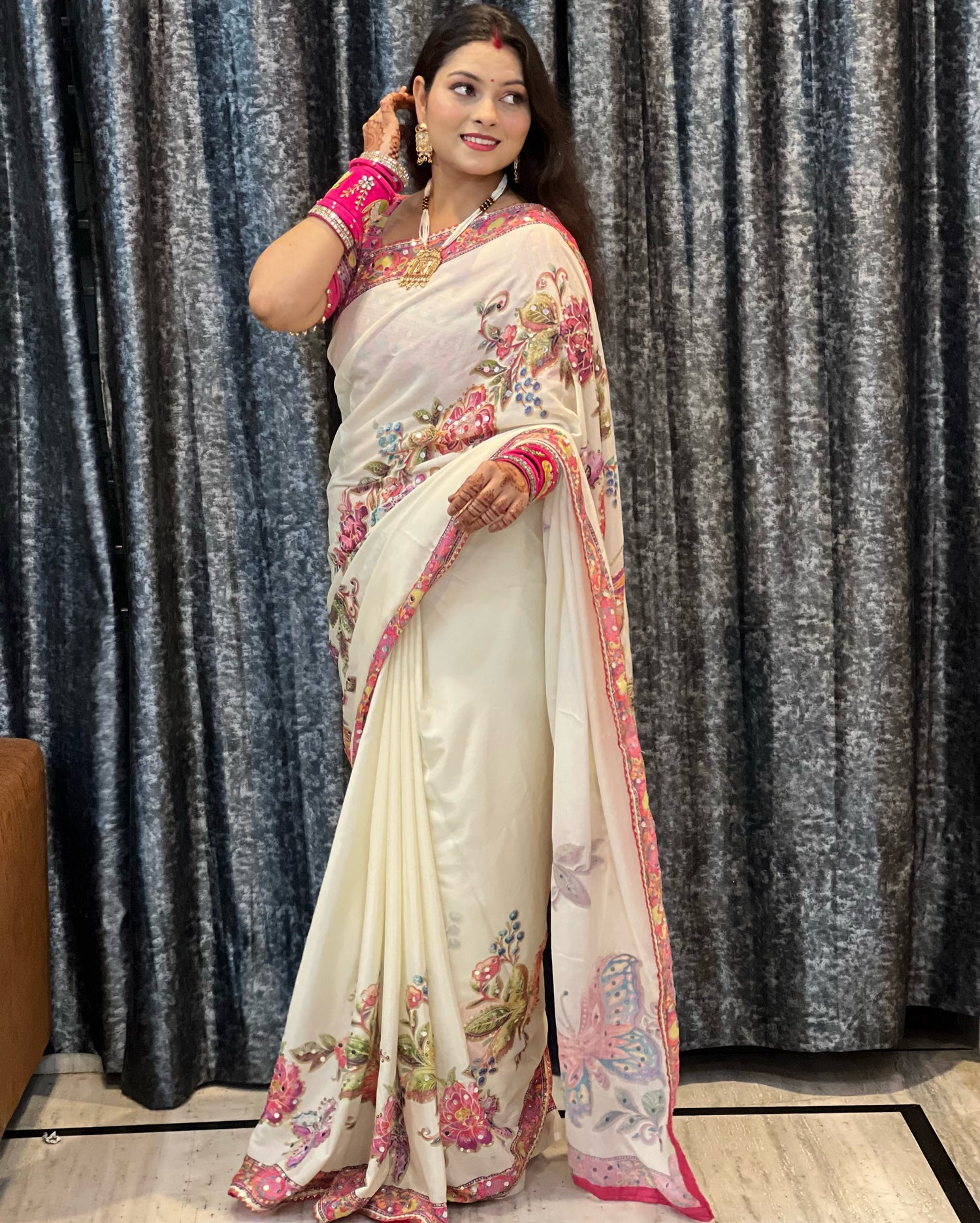 Premium Soft Chinnon Silk Saree with Butterfly Print & Mirror Work