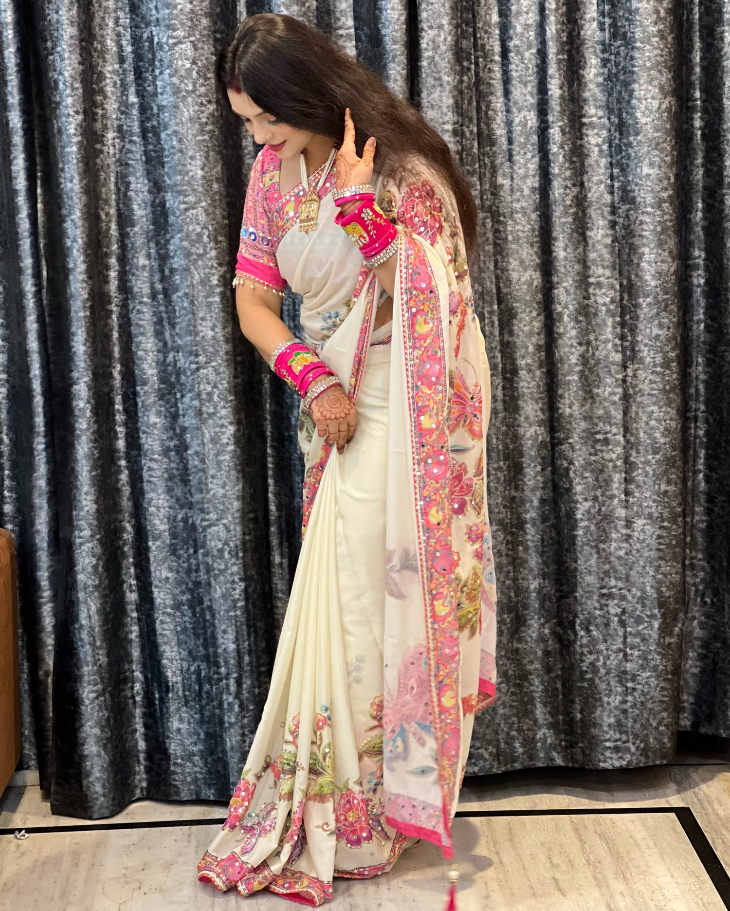 Premium Soft Chinnon Silk Saree with Butterfly Print & Mirror Work