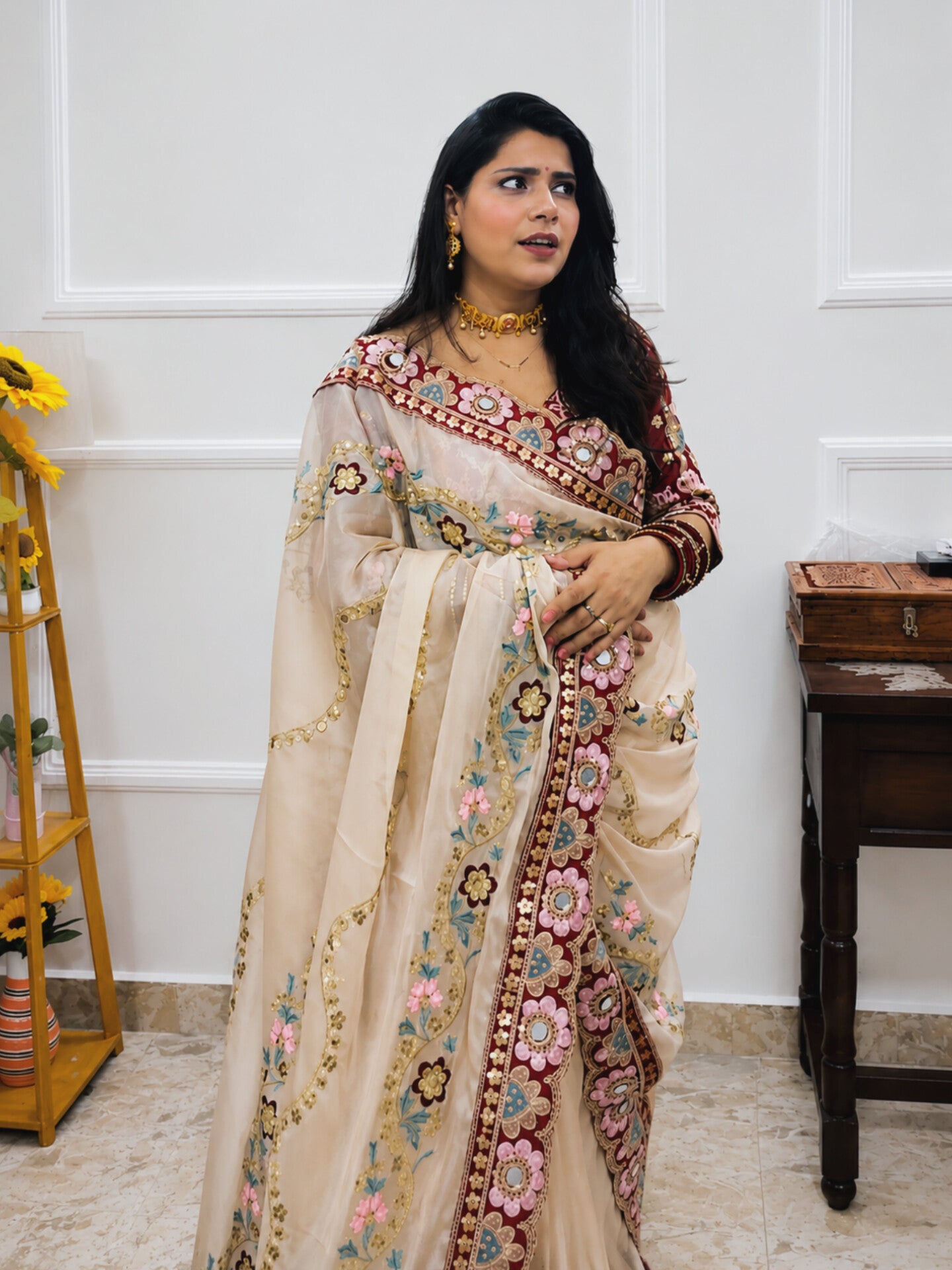 Elegant Rangoli Silk Saree with Mirror Sequins & Dori Embroidery