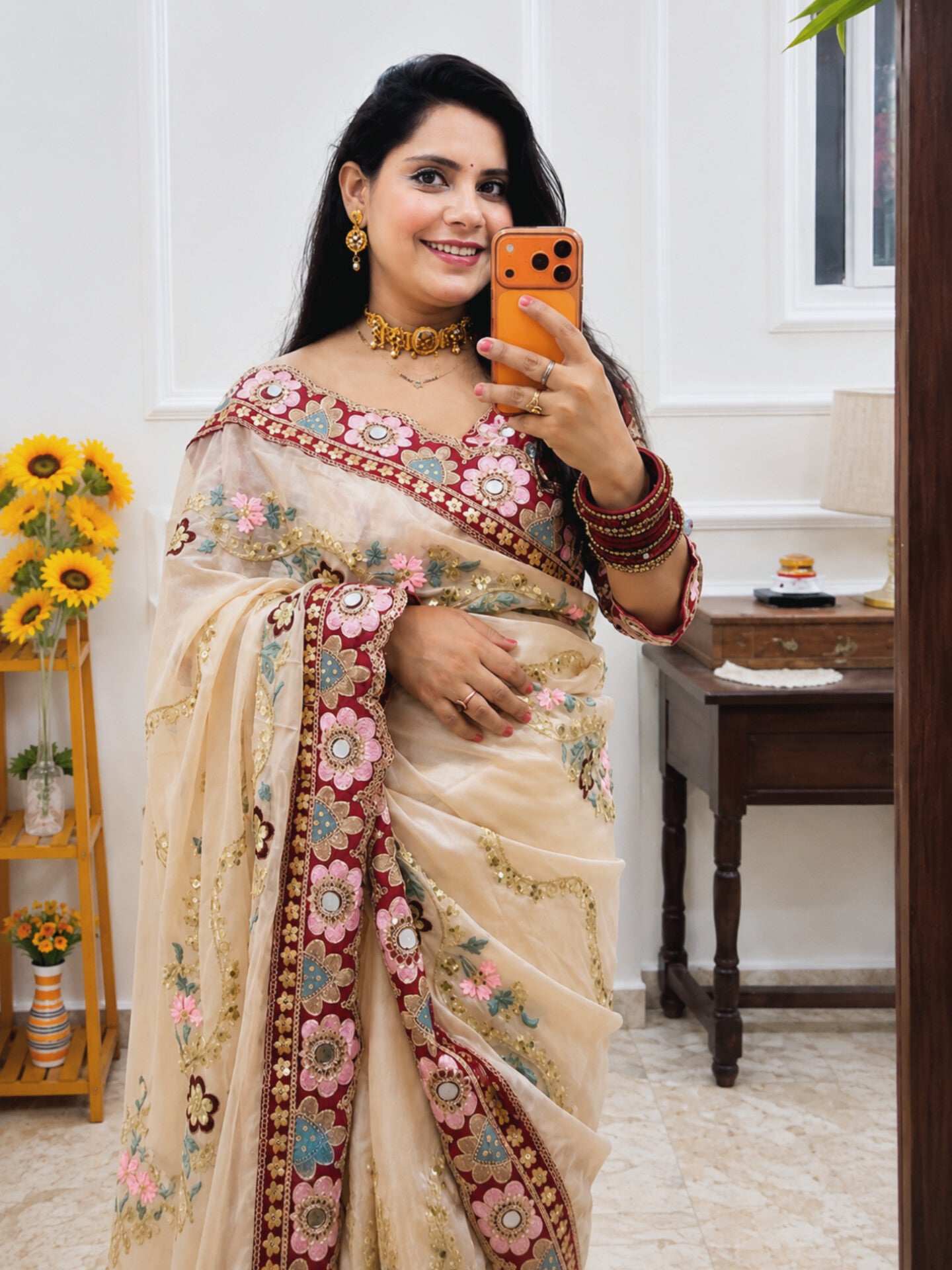 Elegant Rangoli Silk Saree with Mirror Sequins & Dori Embroidery