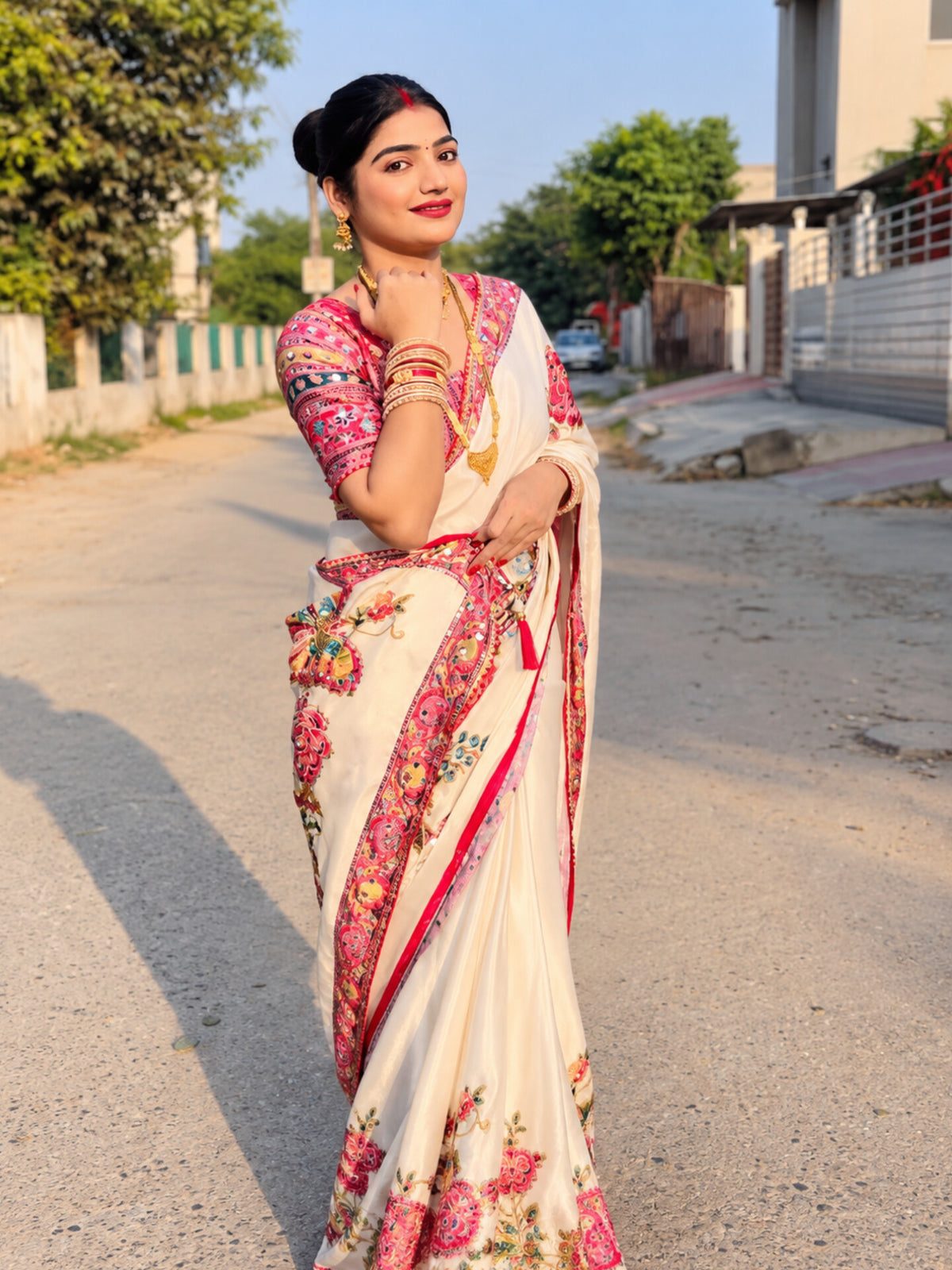 VASTRAA MALL Soft Chinnon Silk Saree with Butterfly Print & Mirror Work