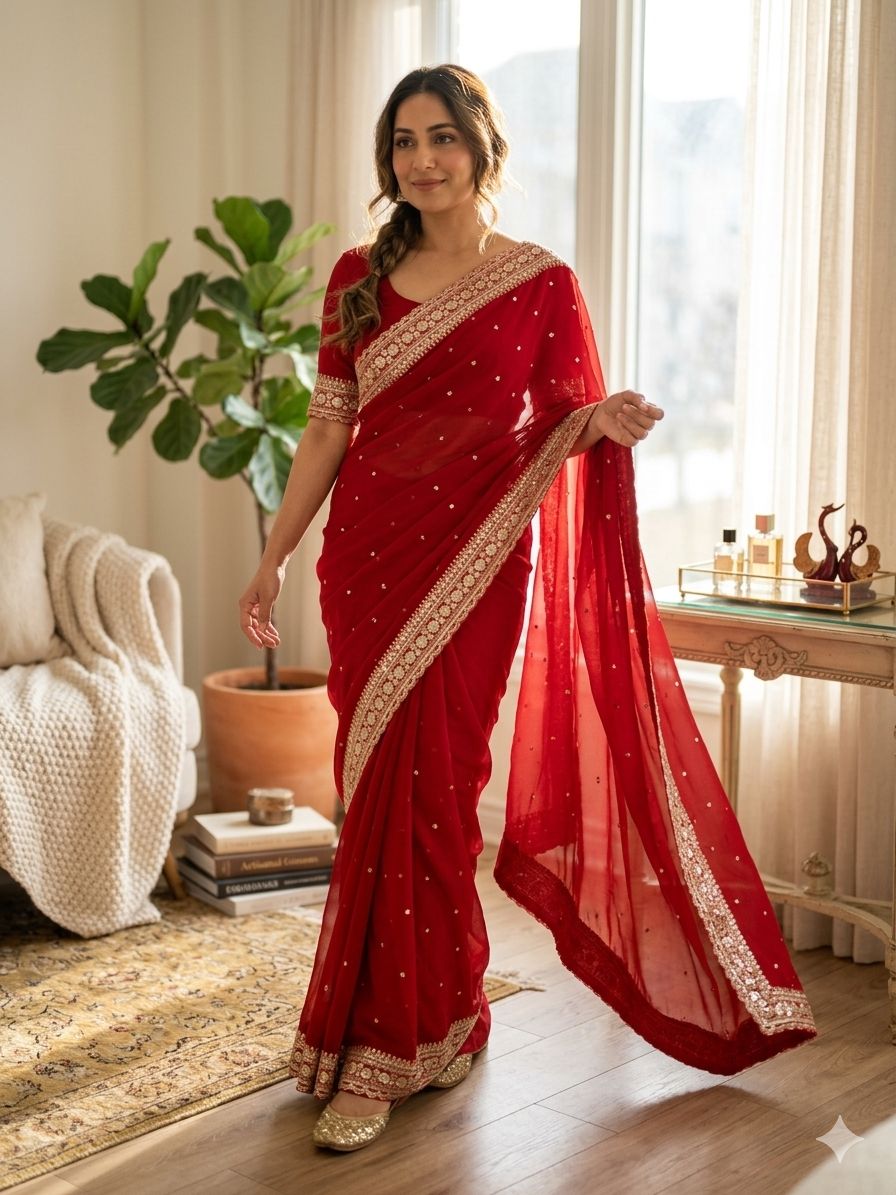 Premium Georgette Designer Saree with Sequence & Dori Embroidery Lace Border