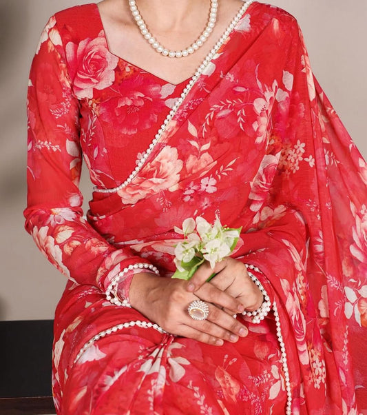 Soft Georgette Floral Print Saree with Elegant Moti Lace Border