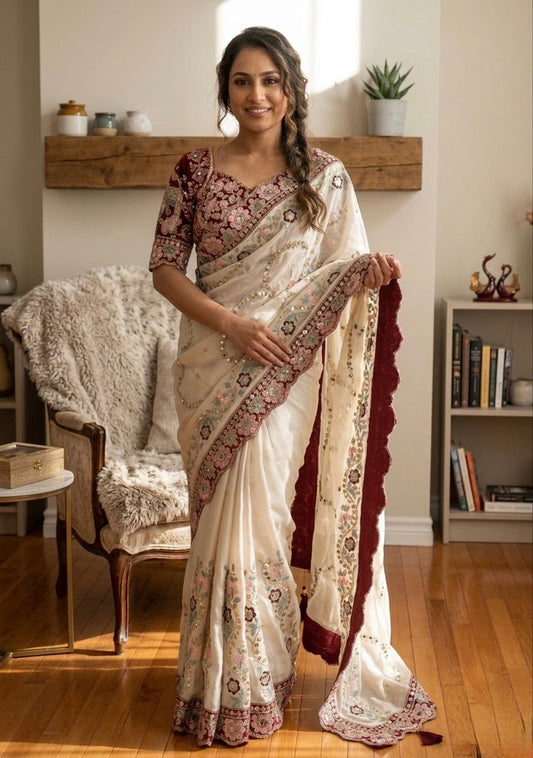 Elegant Rangoli Silk Saree with Mirror, Sequins &amp; Dori Embroidery