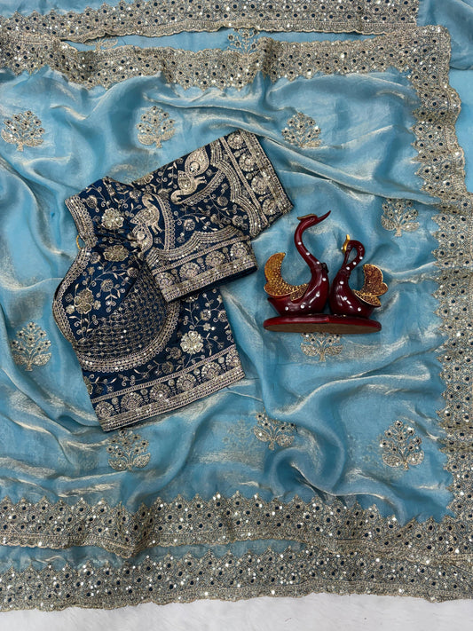 Premium Soft Frendy Satin Saree with Sequence & Zari Embroidery Work