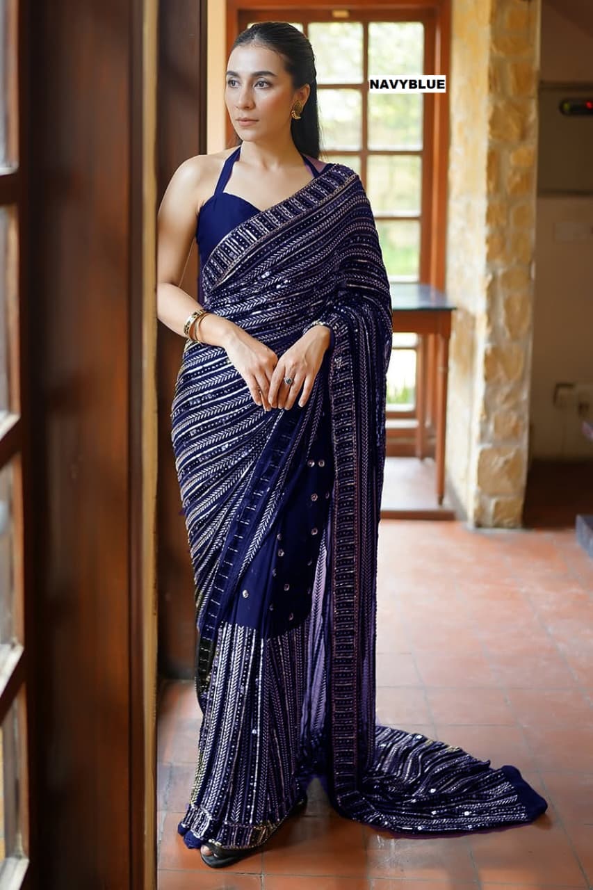 Premium Faux Georgette Saree Heavy Sequins & Multi Embroidery Work