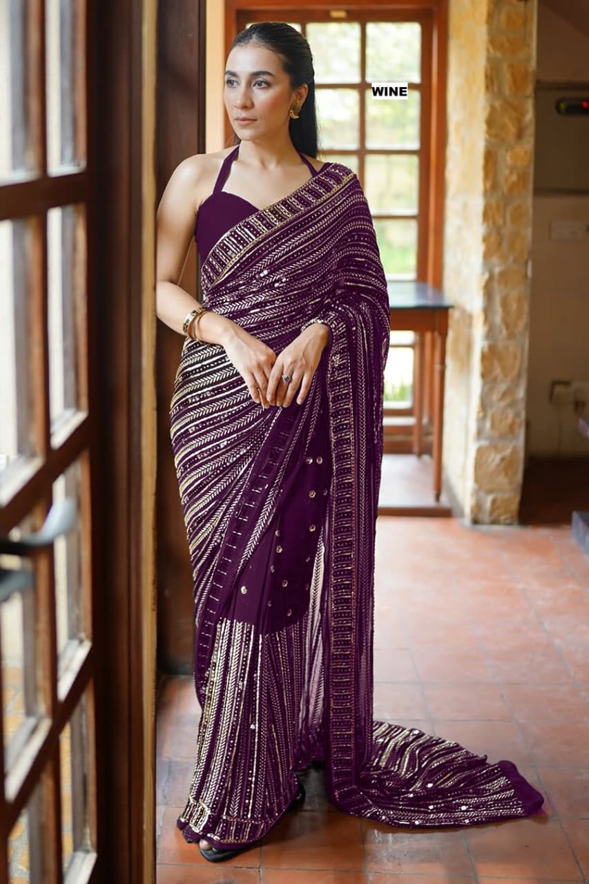 Premium Faux Georgette Saree Heavy Sequins & Multi Embroidery Work