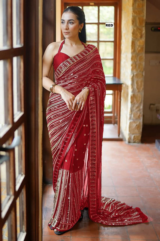 Premium Faux Georgette Saree Heavy Sequins & Multi Embroidery Work