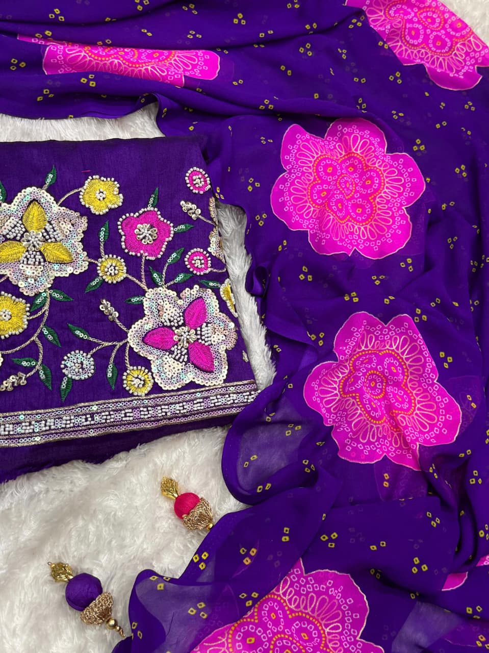 Designer Georgette Bandhej Saree with 3D Gold Foil Print