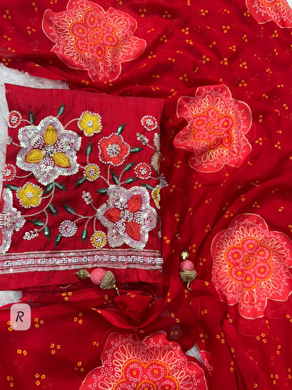 Designer Georgette Bandhej Saree with 3D Gold Foil Print