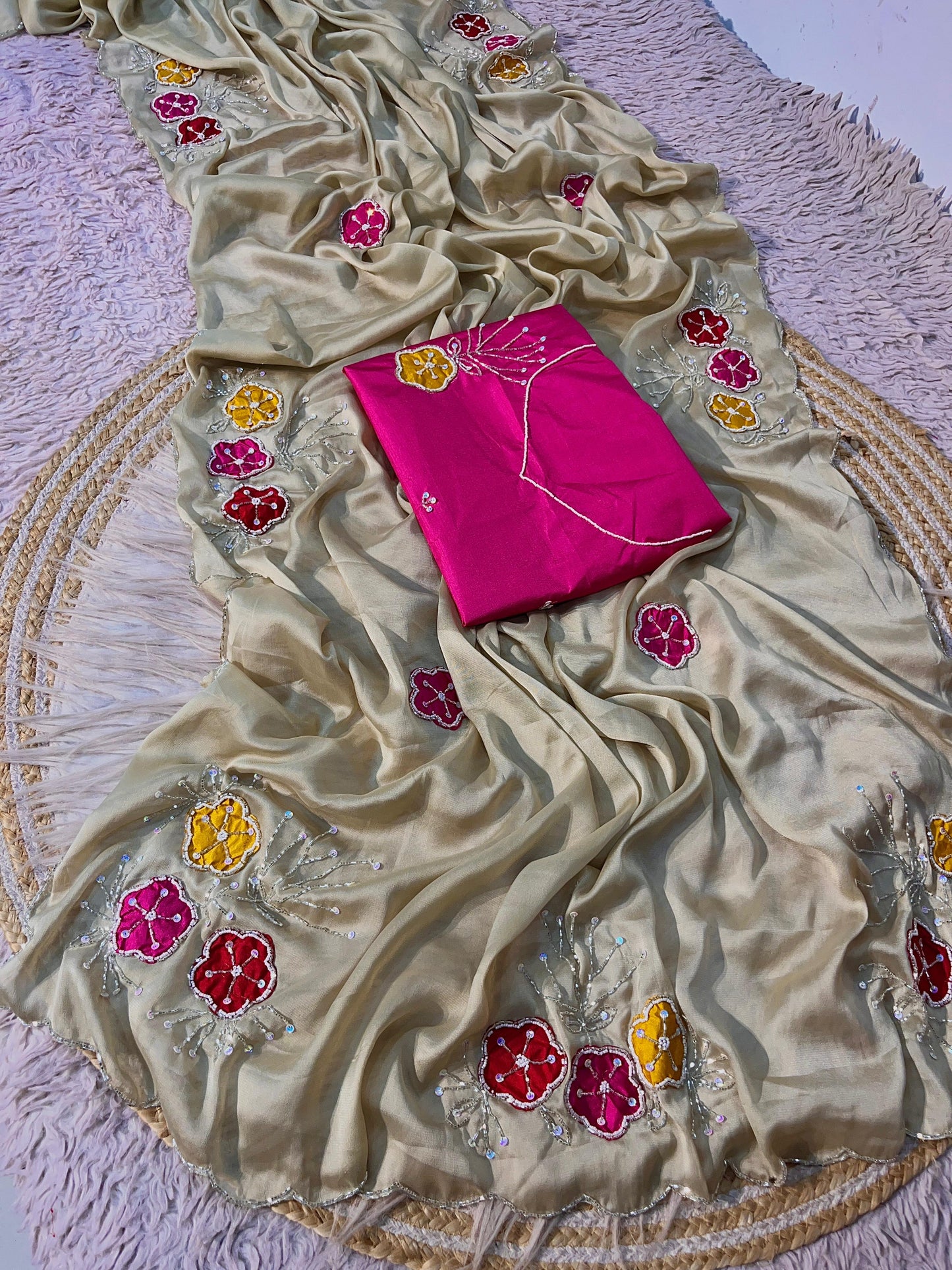 Premium Soft Shine Rangoli Silk Saree with Handwork & Khatli Work