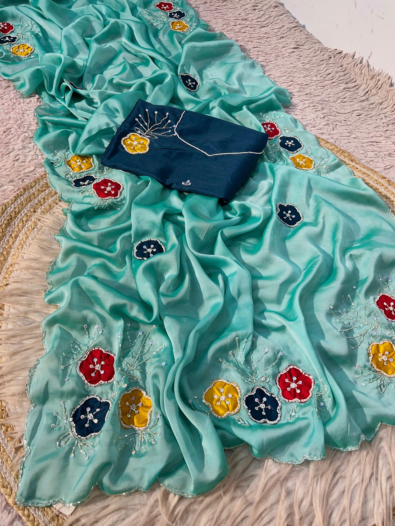 Premium Soft Shine Rangoli Silk Saree with Handwork & Khatli Work