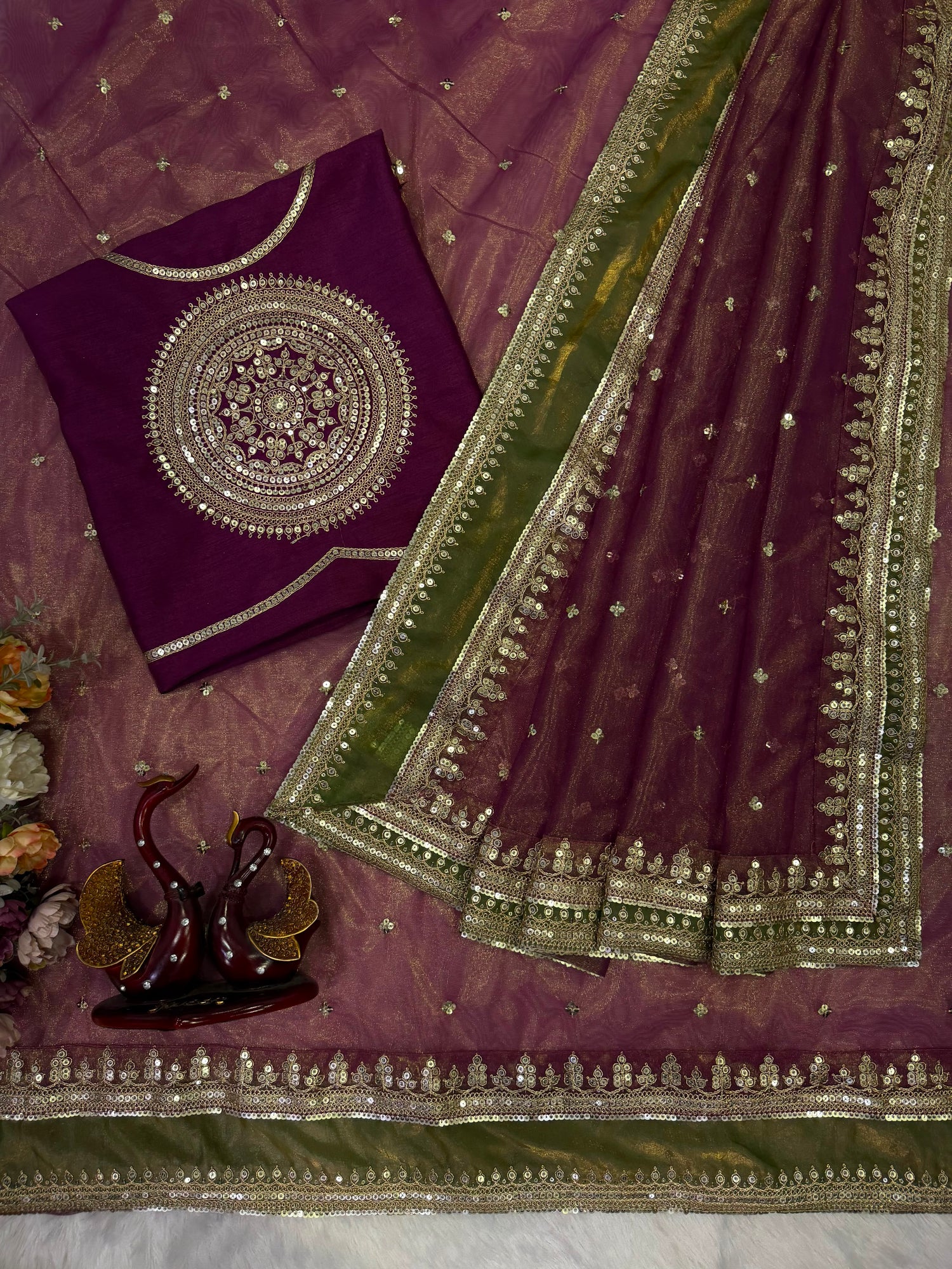 Premium Soft NC Twill Saree with Sequins & Cording Embroidery