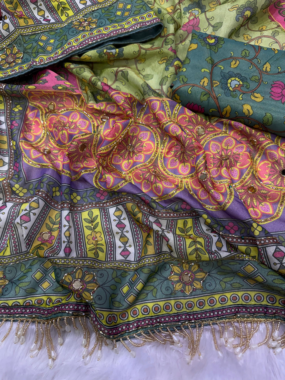 Premium Soft Cosmo Silk Saree with Katdana & Mirror Hand Work