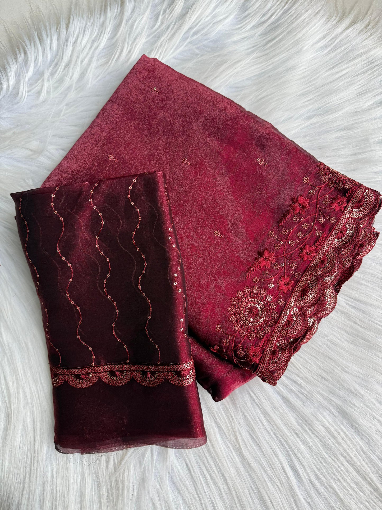 Premium Armani Crush Saree with Sequins Work & Cutwork Border