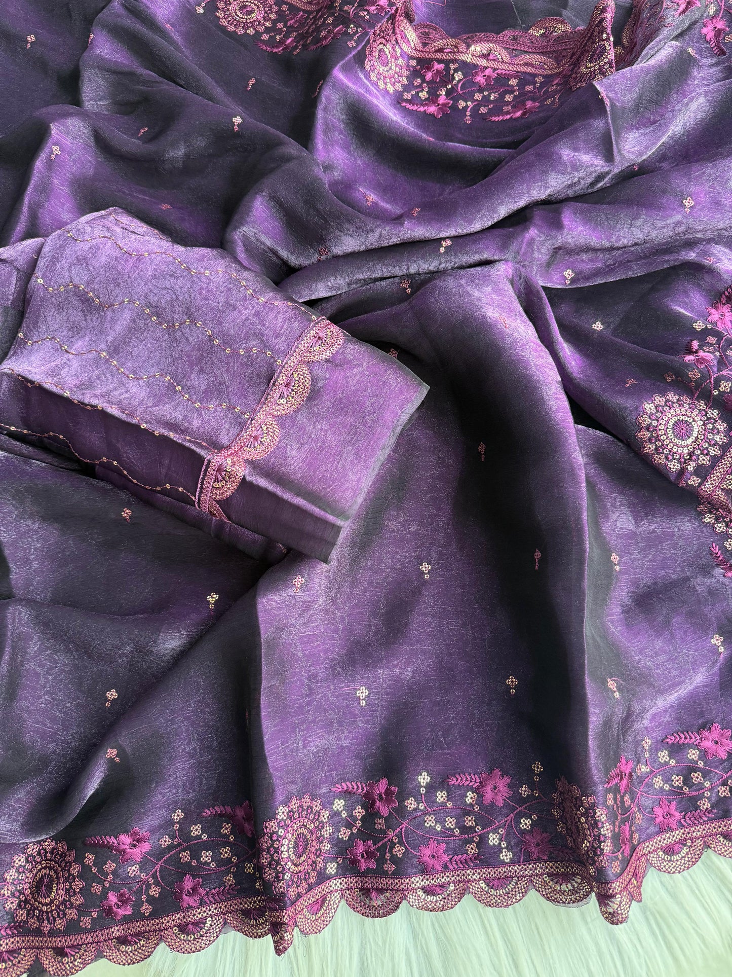 Premium Armani Crush Saree with Sequins Work & Cutwork Border