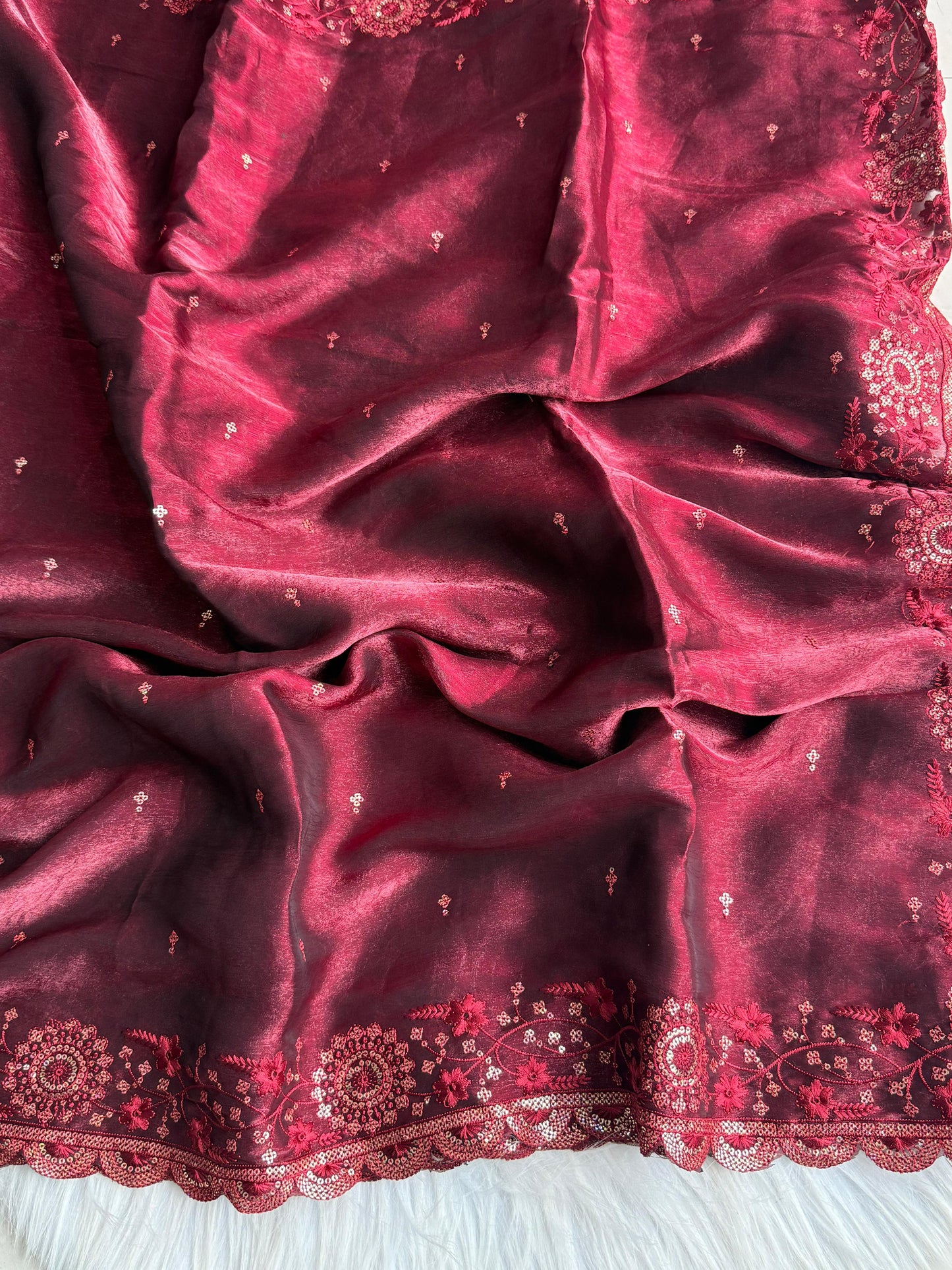 Premium Armani Crush Saree with Sequins Work & Cutwork Border