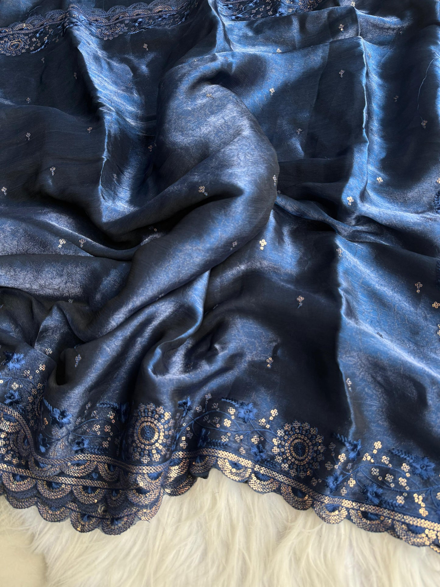 Premium Armani Crush Saree with Sequins Work & Cutwork Border