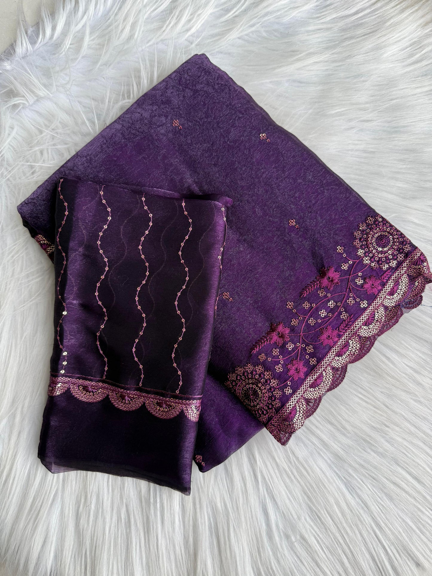 Premium Armani Crush Saree with Sequins Work & Cutwork Border