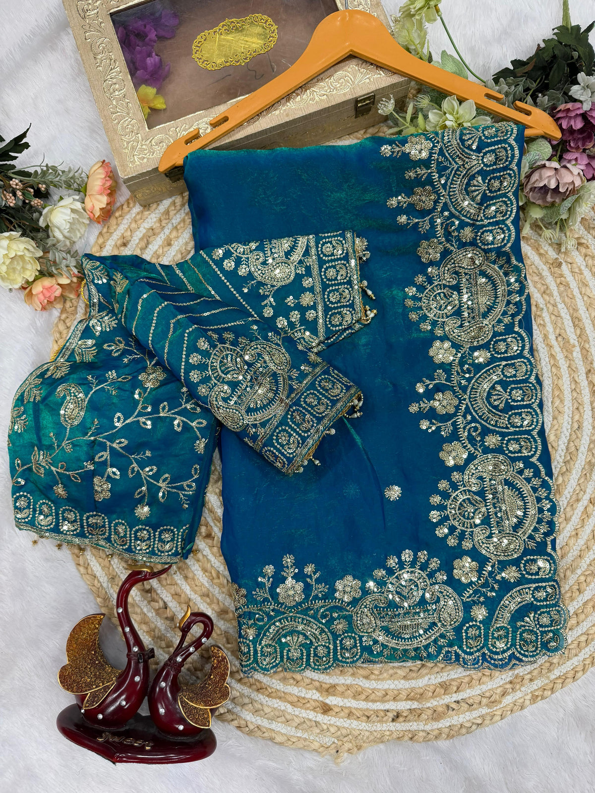 Premium Two Tone Space Silk Saree with Sequins & Zari Embroidery