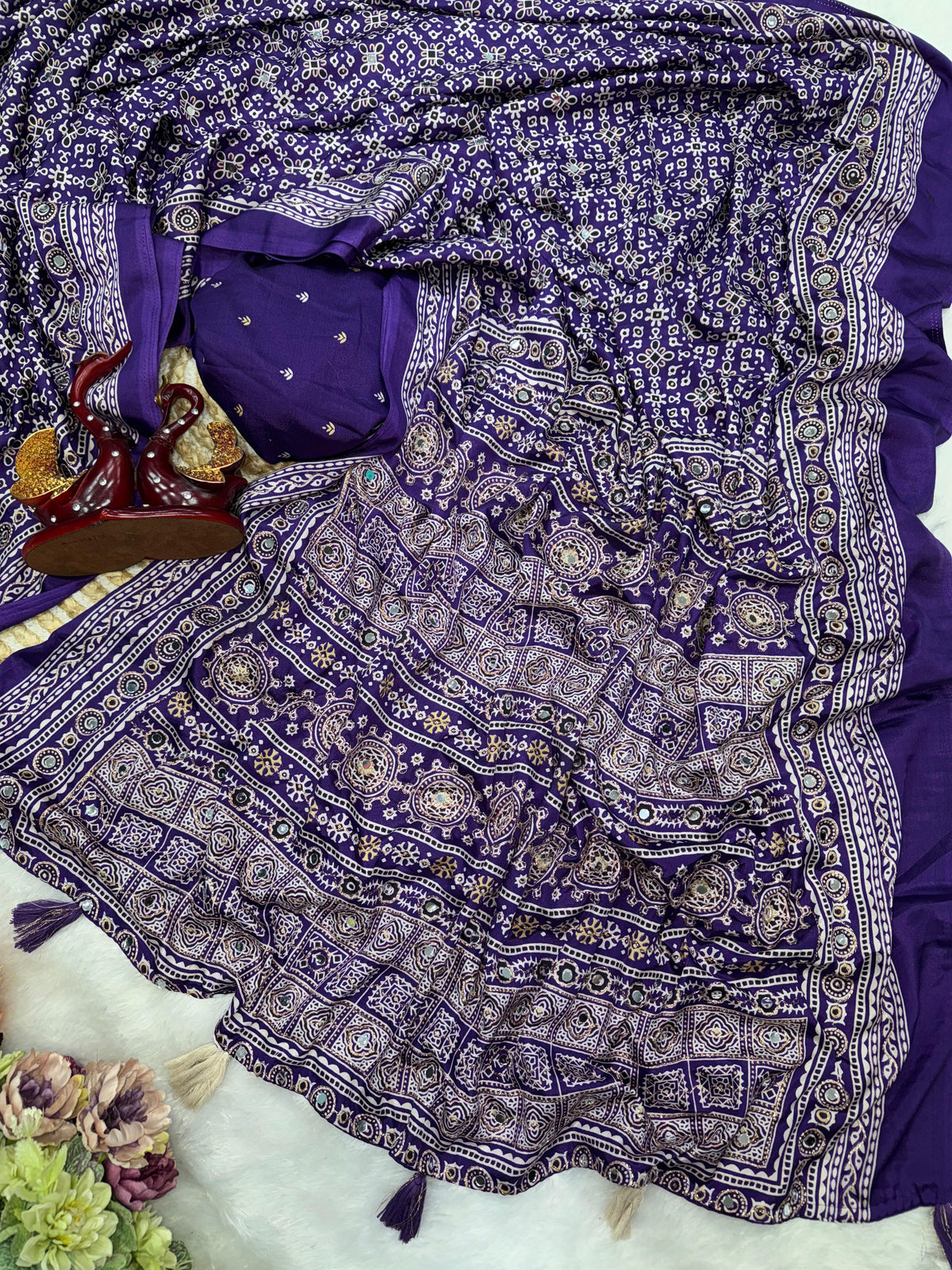 Premium Soft Satin Crepe Ajrakh Print Saree with Real Mirror Work