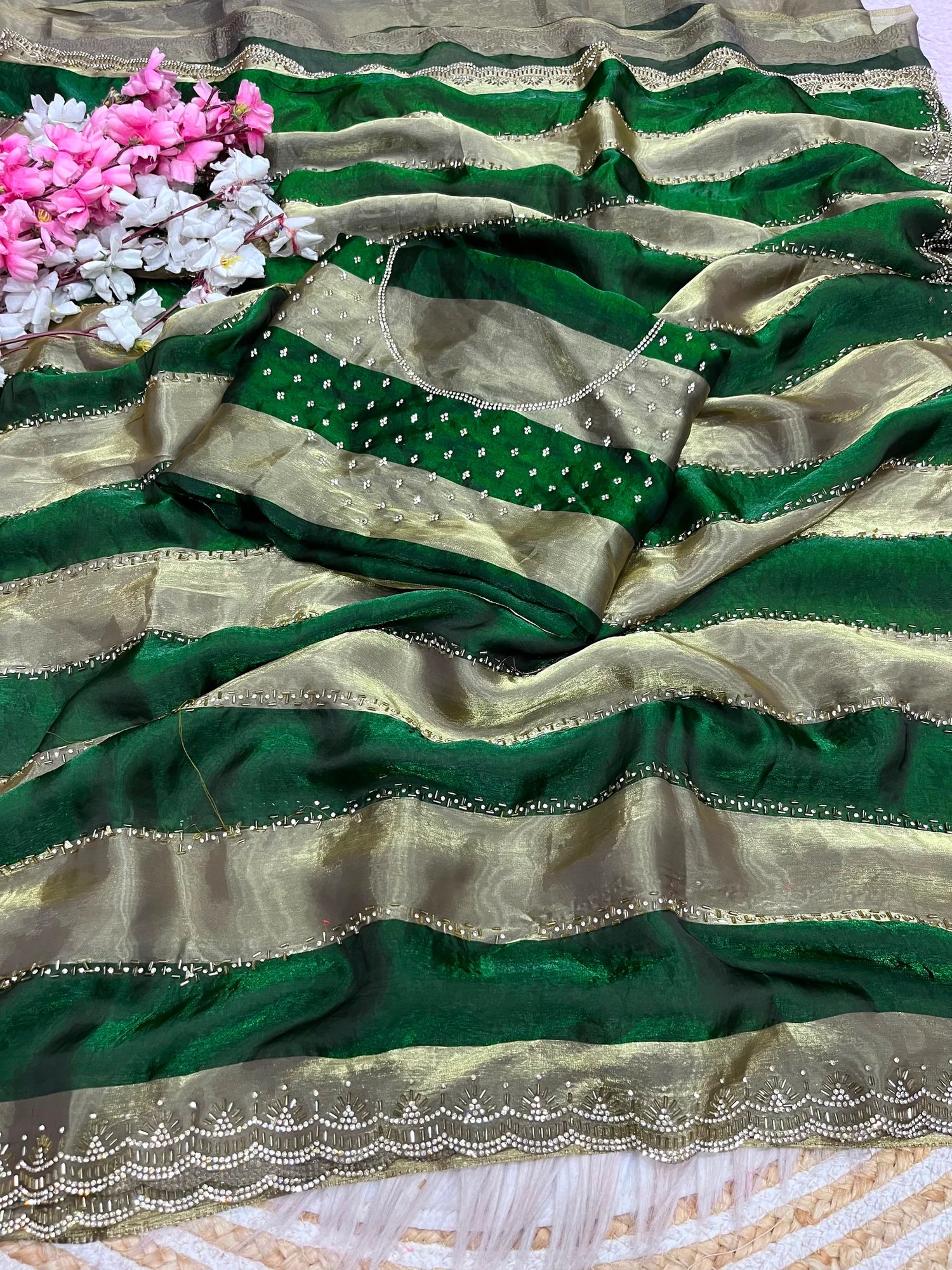 Premium Space Soft Silk Blooming Saree with Jarkan & Swarovski Work