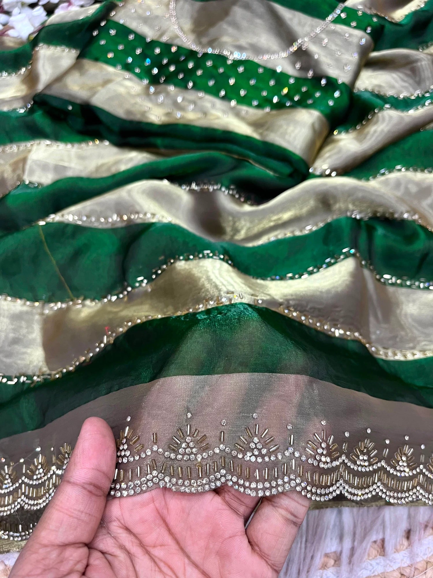 Premium Space Soft Silk Blooming Saree with Jarkan & Swarovski Work
