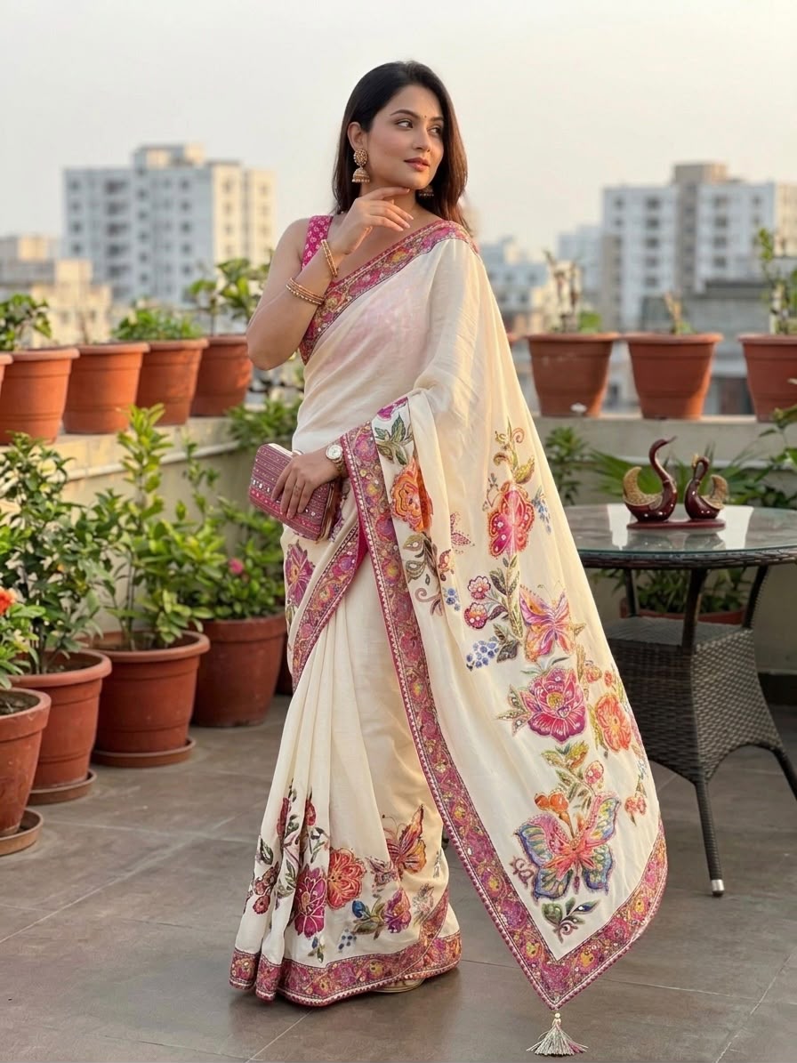 Premium Soft Chinnon Silk Saree with Butterfly Print & Mirror Work