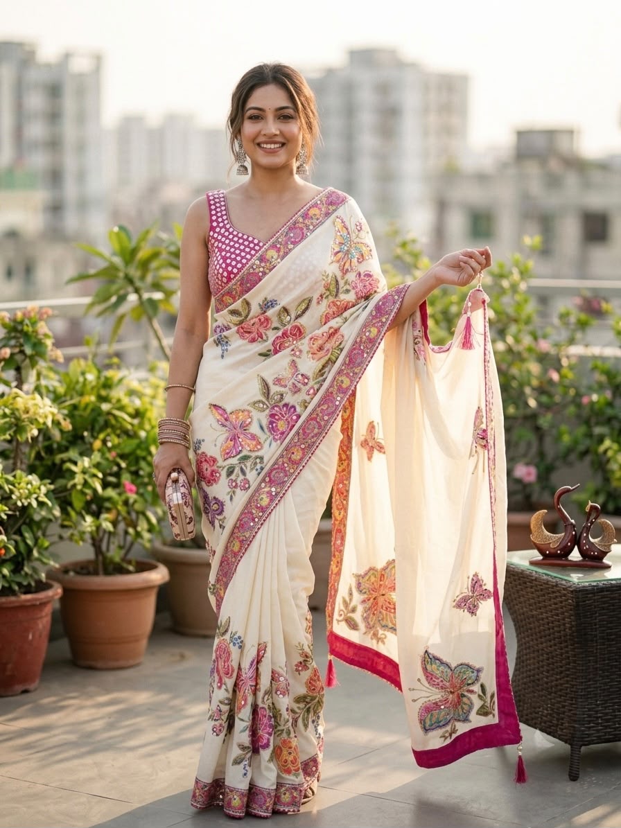 Premium Soft Chinnon Silk Saree with Butterfly Print & Mirror Work