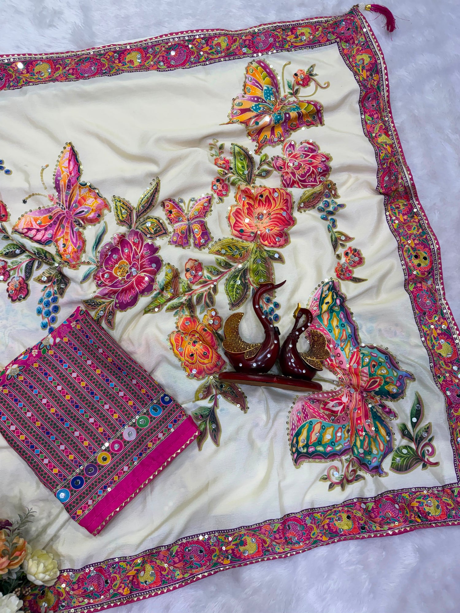 Premium Soft Chinnon Silk Saree with Butterfly Print & Mirror Work