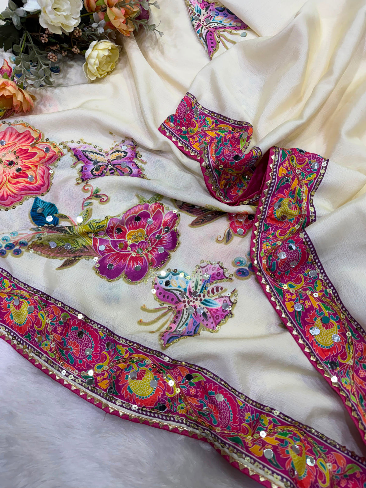 Premium Soft Chinnon Silk Saree with Butterfly Print & Mirror Work